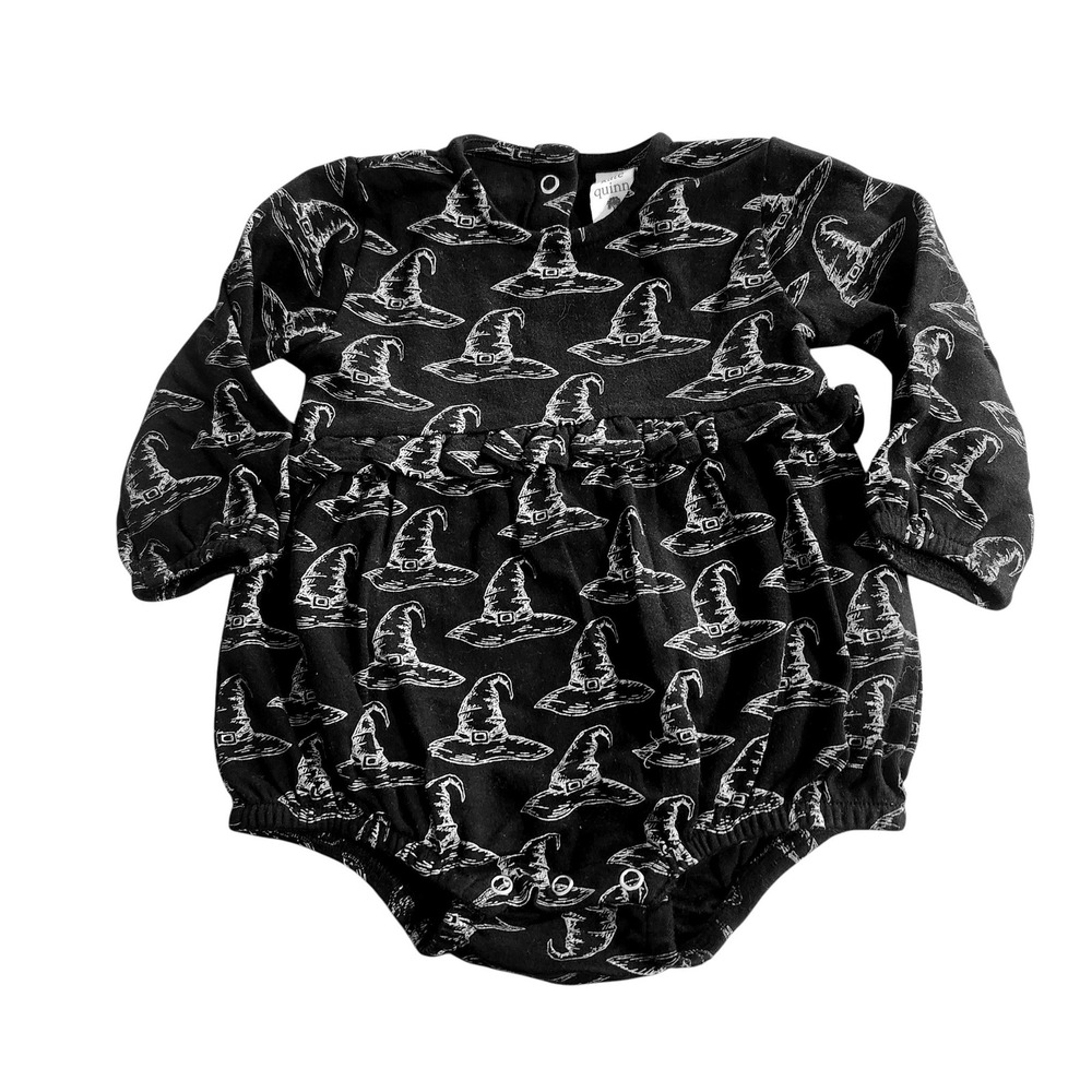 Kate Quinn Organic Cotton Witch Hat Bubble Romper Black White 6-12M Long Sleeve